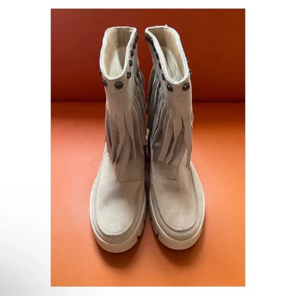 New! GEOX Ghoula Fringe Studded Suede Platform Booties in Taupe - Picture 5 of 13